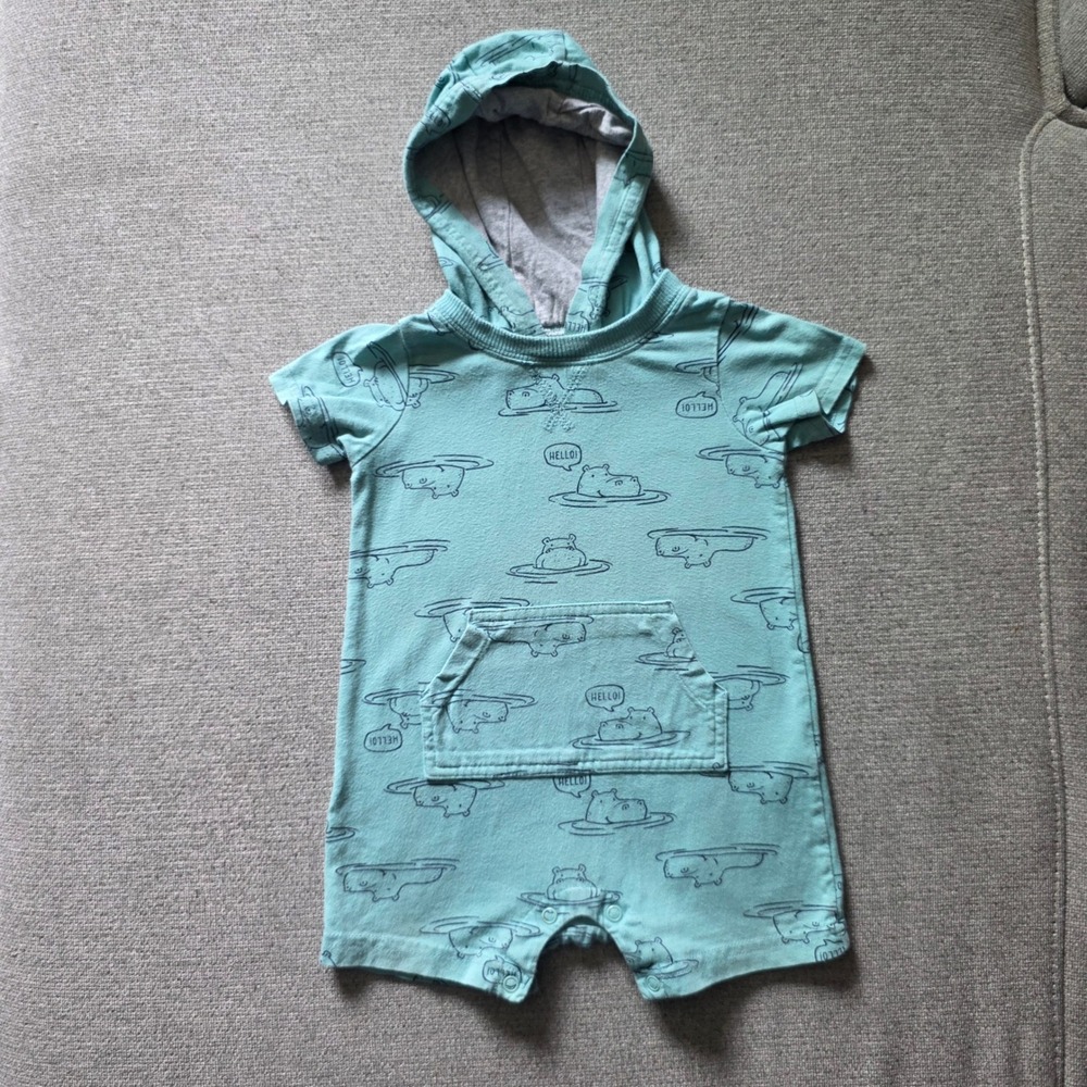 Carters Baby Boy Hippo Print Hooded Romper Teal Blue 12 Months Short Sleeve
